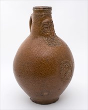 Stoneware bearded jug with cartouche, brown speckled glazed, dated, Bartmann juggejug tableware holder bottomfound ceramics
