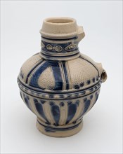 Stoneware jug with shoulder-carved decor, stamped point medallions and flutes on belly, jug crockery holder soil find ceramic