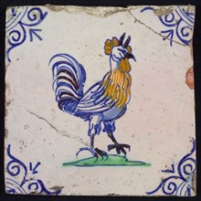 Animal tile, rooster, corner motif ox's head, wall tile tile sculpture ceramic earthenware glaze, baked 2x glazed painted Square