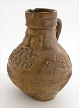 Bartmann jug, also called Bellarmine jug, around belly frieze, portrait medallions and stamped acanthus leaves, Bartmann jug