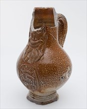 Bartmann jug, also called Bellarmine jug, with coat of arms in medallion under beard mask, bearded jug tableware holder soil