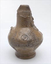 Bartmann jug, also called Bellarmine jug, around middle stomach frieze with text, portrait medallions and acanthus leaves