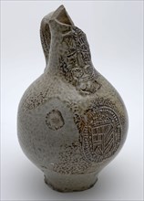 Gray-brown speckled Bartmann jug, also called Bellarmine jug, under beardsman mask coat of arms in oval, Bartmann juggeruik