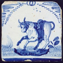 Animal tile with bull, wall tile tile sculpture ceramic earthenware glaze, baked 2x glazed painted Square yellow shard three