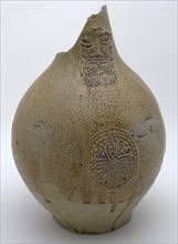 Gray Bartmann jug, also called Bellarmine jug, enchanted glaze, oval appliqué with floral pattern, Bartmann juggejug tableware