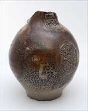 Bartmann jug, also called Bellarmine jug, strong mottled salt glaze, bearded appliqué with coat of arms of Amsterdam, Bartmann