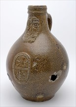 Brown speckled Bartmann jug, also called Bellarmine jug, under beard mask in oval two mythical animals, Bartmann juggejug