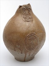 Light brown Bartmann jug, also called Bellarmine jug, under mask oval in which coat of arms, Bartmann jug jug crockery holder