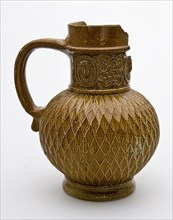 Brown stoneware jug be worn around frieze with medallions, belly with kerfsnice decor, jug crockery holder soil find ceramic