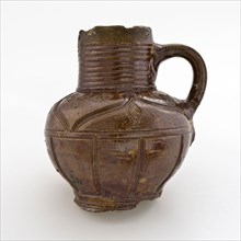 Brown stoneware jug with diamond-shaped stamps and flutes, jug crockery holder soil find ceramic stoneware clay engobe glaze
