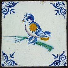 Animal tile with pigeon, corner motif ox's head, wall tile tile sculpture ceramic earthenware glaze, baked 2x glazed painted