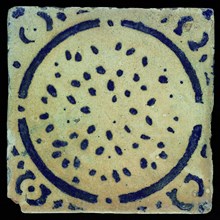 Ornament tile, stenciled decor of circles and dots, wall tile tile sculpture ceramic earthenware glaze, baked 2x glazed painted