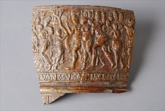 Fragment of stoneware Suzannah jar with figurative scene, including border text, jug crockery holder fragment soil found ceramic
