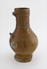 Brown stoneware jug be worn with four bands of linear decor around neck, shoulder and belly, jug crockery holder soil find