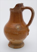 Light brown stoneware jug be used with bands around the neck, belly and foot, jug crockery holder soil find ceramic stoneware