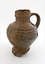 Brown stoneware jug, with rad stamping around neck and shoulder, jug crockery holder soil find ceramic stoneware clay engobe