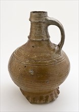 Light brown stoneware jug on pinched foot, pronounced ring around neck and under lip, jug crockery holder soil find ceramic