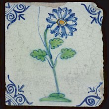 Flower Tile, green plant with blue flower, corner motif ox's head, wall tile tile sculpture ceramic earthenware glaze, baked 2x