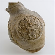Fragment of stoneware funnel neck with three appliqués, funnel beaker cup drinking utensils tableware holder fragment soil find