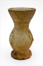 Stoneware drinking cup with funnel neck, decorated with cartouches, on squeeze foot, funnel neck beaker drinkware tableware