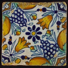 Ornament tile, rosette with tulips and bunches of grapes, half orange apples, corner pattern, rose rosette, wall tile