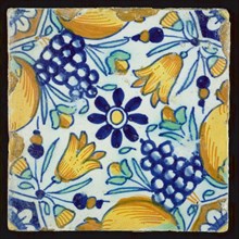 Ornament tile with fruit and tulips, rosette in the middle, wall tile tile sculpture ceramic earthenware glaze, baked 2x glazed