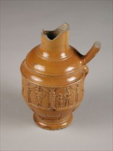 Hans Hilgers, Siegburg, Brown stoneware jug, on belly frieze with arcades, musketeers and text THIS IS WAITING FROM AMDERDAM