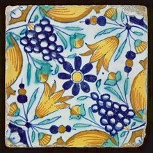 Ornament tile with blue rosette in the center, tulips and fruit, tile images wall tile ceramic earthenware glaze, baked 2x
