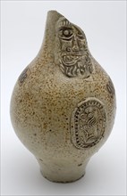 Gray brown speckled Bartmann jug, also called Bellarmine jug, with Bartmann jug, also called Bellarmine jug, mask medallion