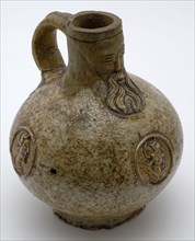 Small Bartmann jug, also called Bellarmine jug, around the belly three portrait medallions, beardmag tableware holder soil find