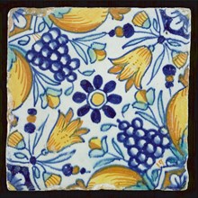Ornament tile with blue rosette in the middle, tulips and fruit, wall tile tile sculpture ceramic earthenware glaze, baked 2x