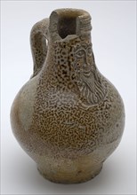 Brown speckled Bartmann jug, also called Bellarmine jug, with band ear and crooked tail, Bartmann juggejug tableware holder soil