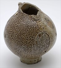 Brown speckled gray Bartmann jug, also called Bellarmine jug, under beard mask medallion with star motif, Bartmann jug jug
