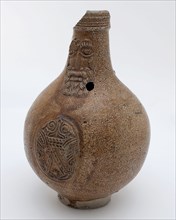 Light brown Bartmann jug, under beard mask weapon medallion, Bartmann jug jug crockery holder soil find ceramic stoneware clay