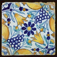 Ornament tile with blue rosette in the middle, tulips and fruit, wall tile tile sculpture ceramic earthenware glaze, baked 2x