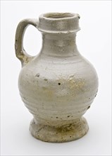 Small stoneware jug with slightly pinched foot, profiled edge under the neck opening, gray, jug crockery holder soil find