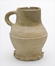 Gray stoneware jug, with pivoting rings around neck and belly, pinched foot, jug crockery holder soil find ceramic stoneware