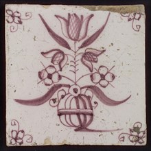 White tile with purple three-tiered tulip in flowerpot; corner motif spider, wall tile tile sculpture ceramic earthenware glaze