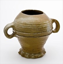 Stoneware cup with two ears with double profiled band on belly, pinched foot, without mouth rim, cup crockery holder soil find