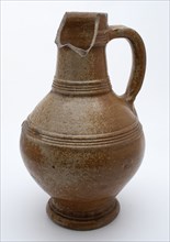 Stoneware jug stand on foot, ovoid with three bands of rotations, jug crockery holder soil find ceramic stoneware glaze salt