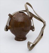 Stoneware field bottle on oval base, with carrying strap and four ears on the sides, flask holder soil find ceramic stoneware