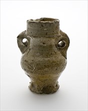 Small stoneware jar with two pierced ears, spider jar, jug holder soil find ceramic stoneware glaze salt glaze, hand turned