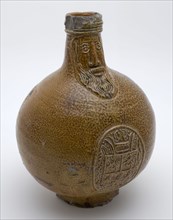 Brown Bartmann jug, also called Bellarmine jug, jug with beard mask medallion with crowned coat of arms, Bartmann jug crockery