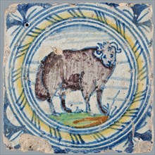 Circle tile or animal tile, ram, corner motif, three-leaf, wall tile tile sculpture ceramic earthenware glaze, baked 2x glazed