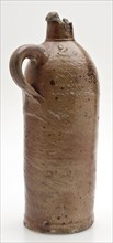 Stoneware cylindrical mineral pitcher with ear, brown glazed and marked, mineral pitcher pitcher product container container