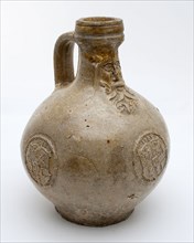 Bartmann jug, also called Bellarmine jug, gray, with mask on neck, three identical weapon medallions with date on belly