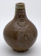 Bartmann jug, also called Bellarmine jug, on the stomach an applique with the coat of arms of Kralingen?, tableware holder soil