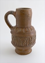 Stoneware jug, peasant wig with dancers in arcades on the belly, dated 1597, farmer's pitcher jug crockery holder soil find