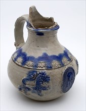 Stoneware jug, dated, lions flanked by lions on belly with border text and weapon, bulletbay pot crockery holder soil find