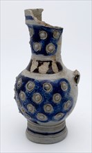 Stoneware jug be put on the belly with small imposed rosettes, purple band around the neck, jug crockery holder soil find
